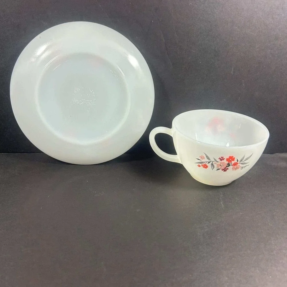 Fire-King Cup and Saucer Set White Floral Milk Glass Vintage Mid-Century